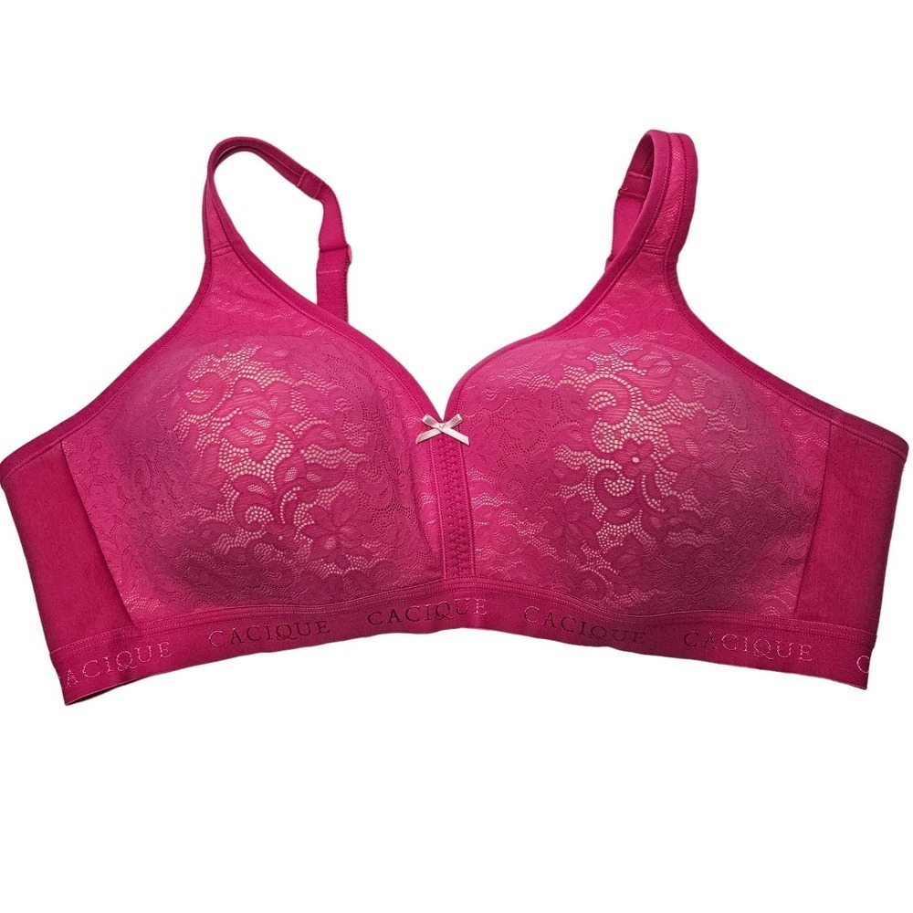 Cacique Lightly Lined No Wire Bra Pink Cotton/Lace 46C Hot Pink Wireless